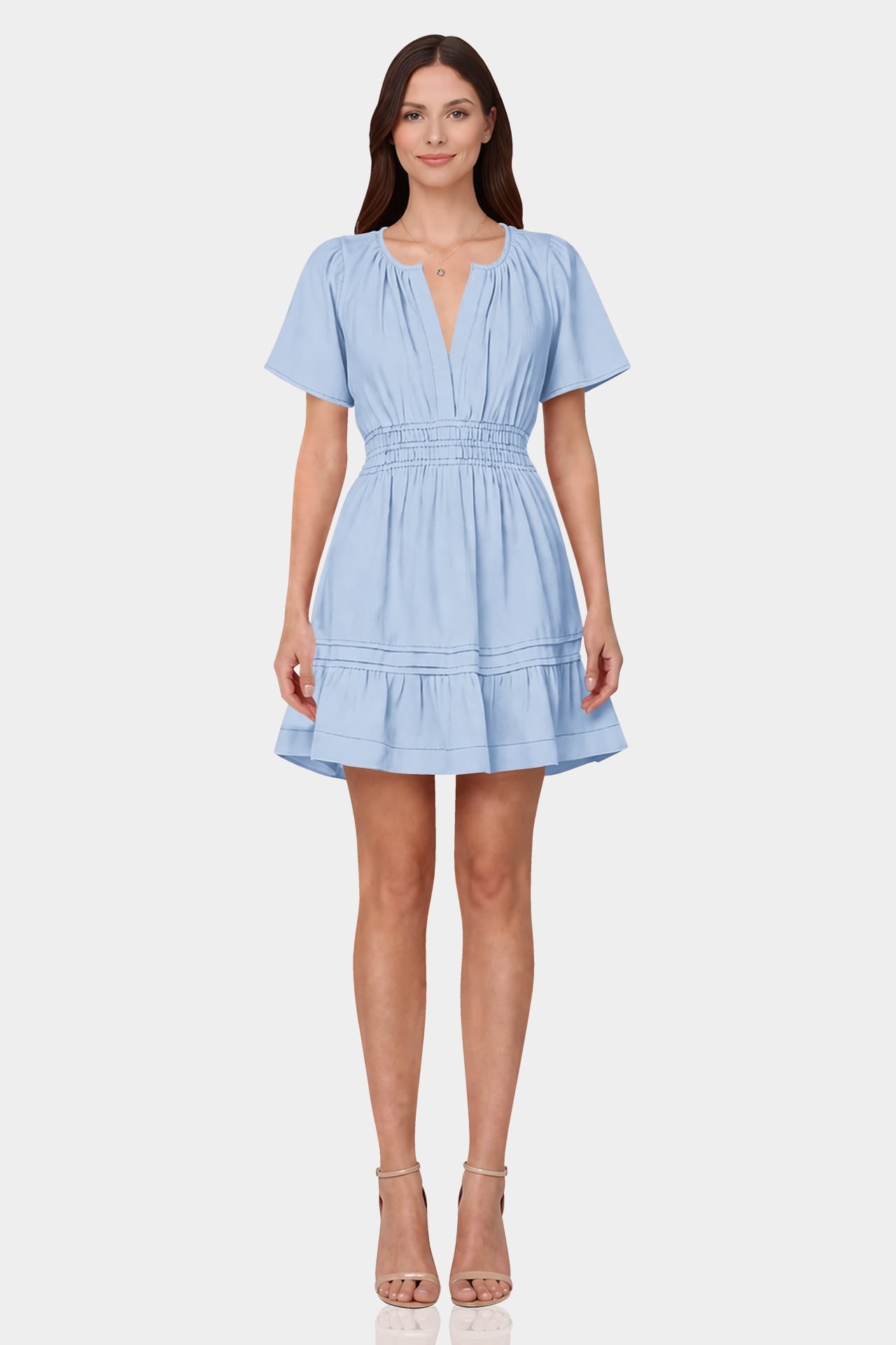 Powder Blue Flutter Sleeve Tiered Mini Dress for Women – Engagement Party Dress