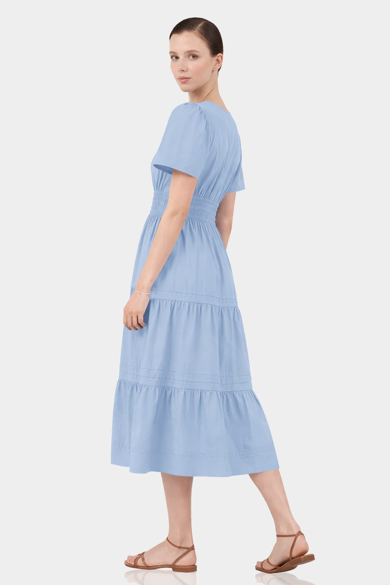 Powder Blue Smocked Waist Tiered Cotton Midi Dress for Women – Fit-and-Flare Dress