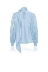 Powder Blue  Silk Satin-Twill Tie-Neck Blouse
