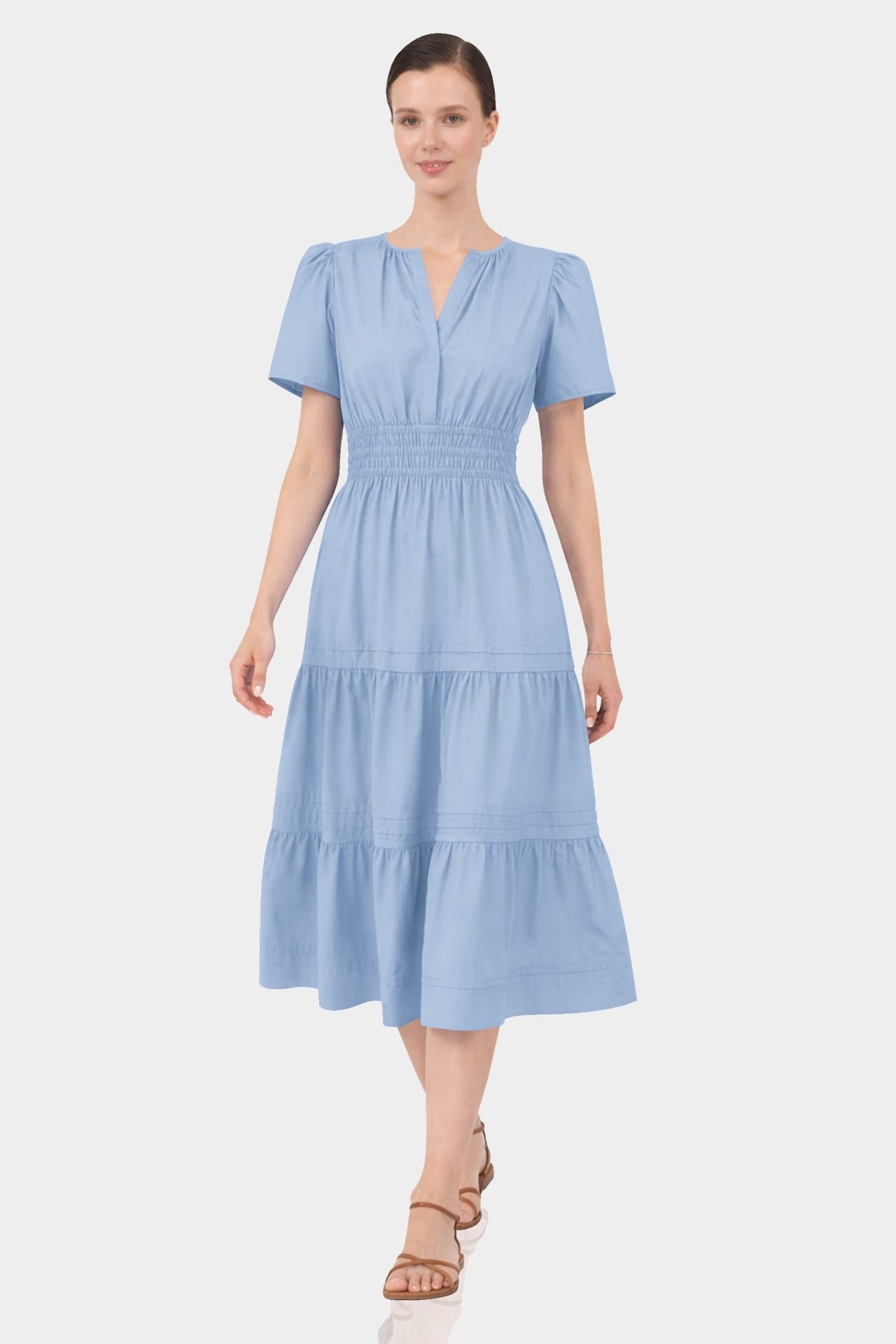 Powder Blue Smocked Waist Tiered Cotton Midi Dress for Women – Fit-and-Flare Dress