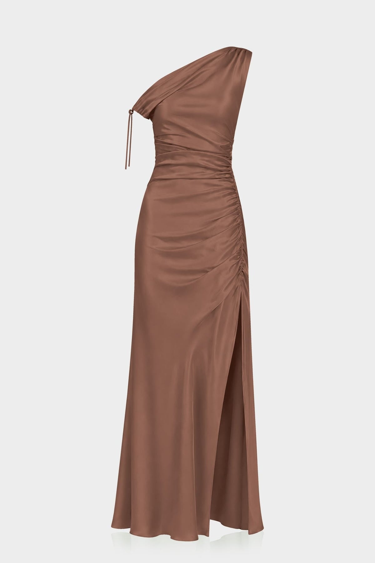 Designer Chocolate Gathered Asymmetrical Neckline Maxi Occasion Dress