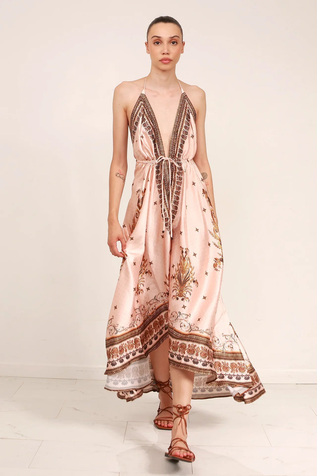 Creme Geometric Silk Scarf Maxi Dress