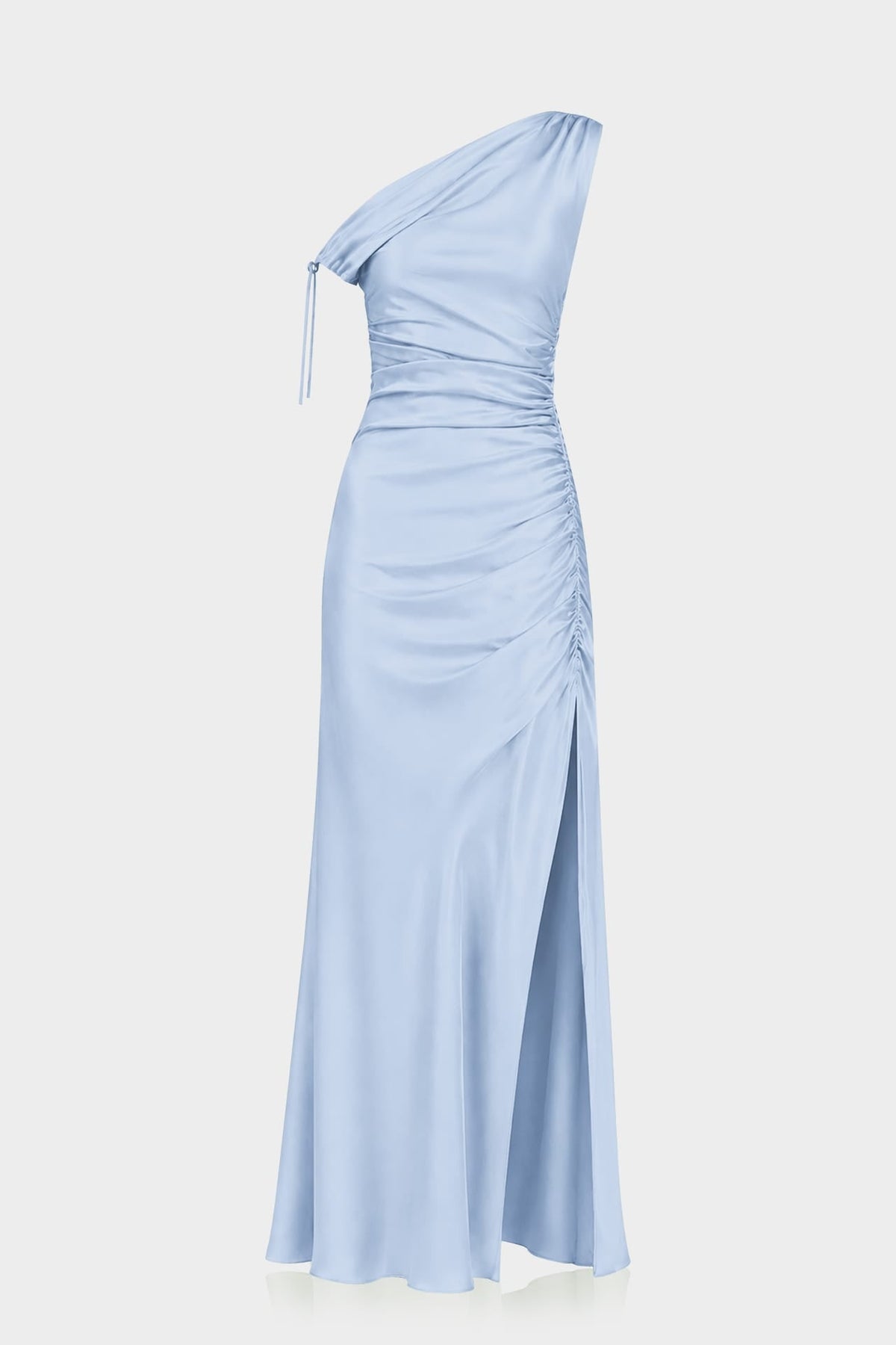 Powder Blue One Shoulder Gathered Satin Dress
