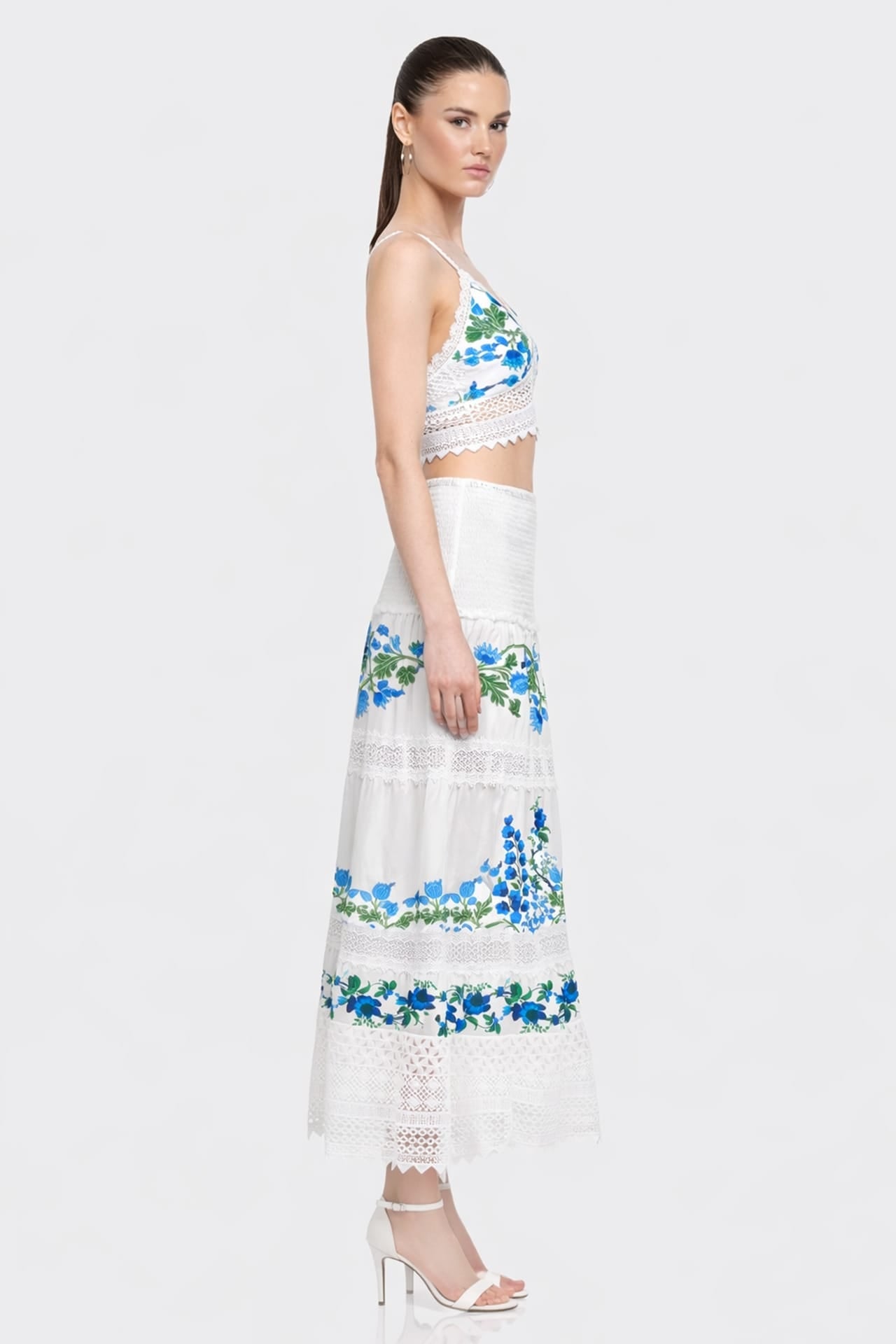 White and Blue Floral Cotton Bralette with Guipure Lace