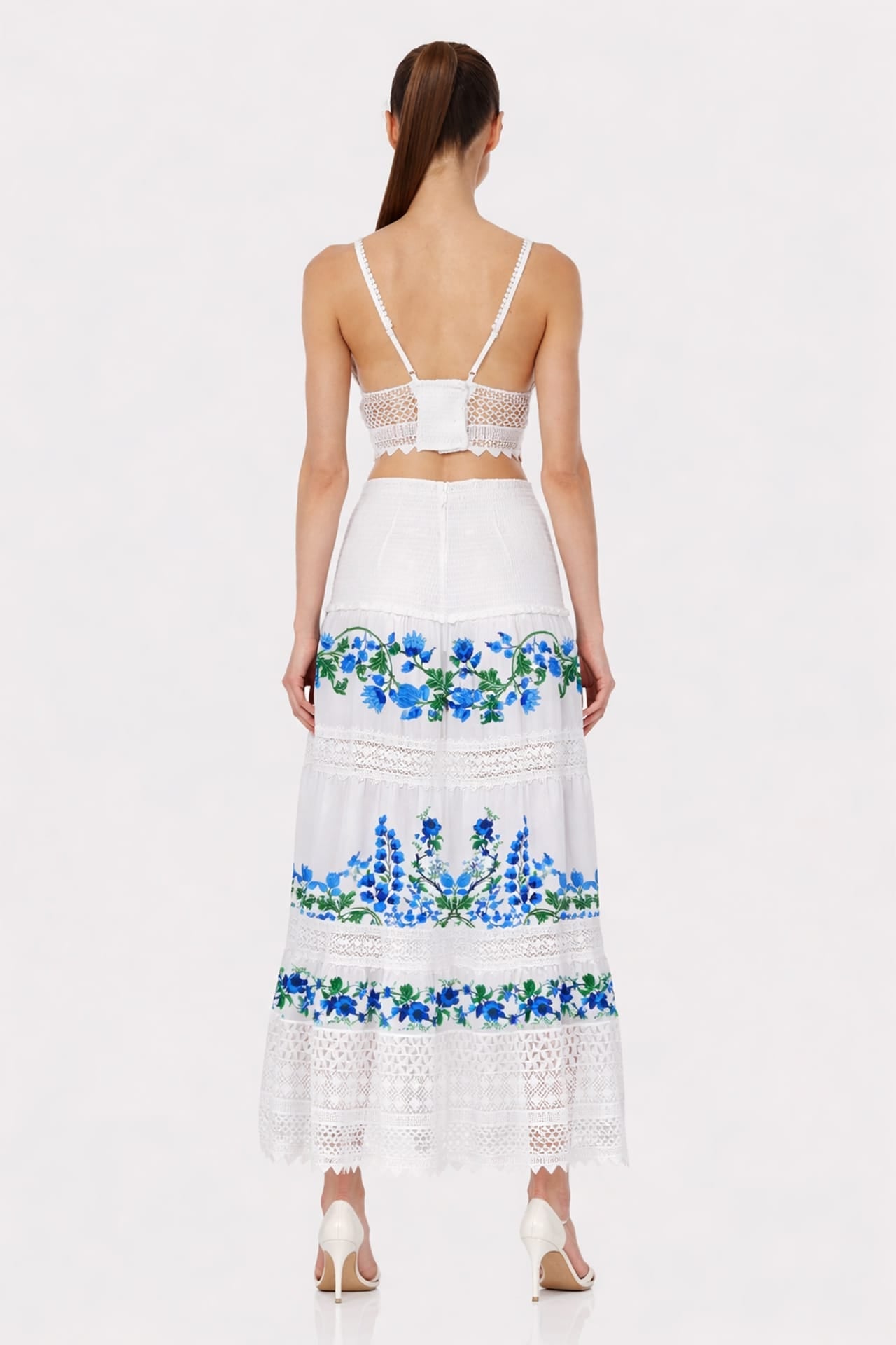 White and Blue Floral Cotton Bralette with Guipure Lace