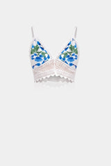 White and Blue Floral Cotton Bralette with Guipure Lace
