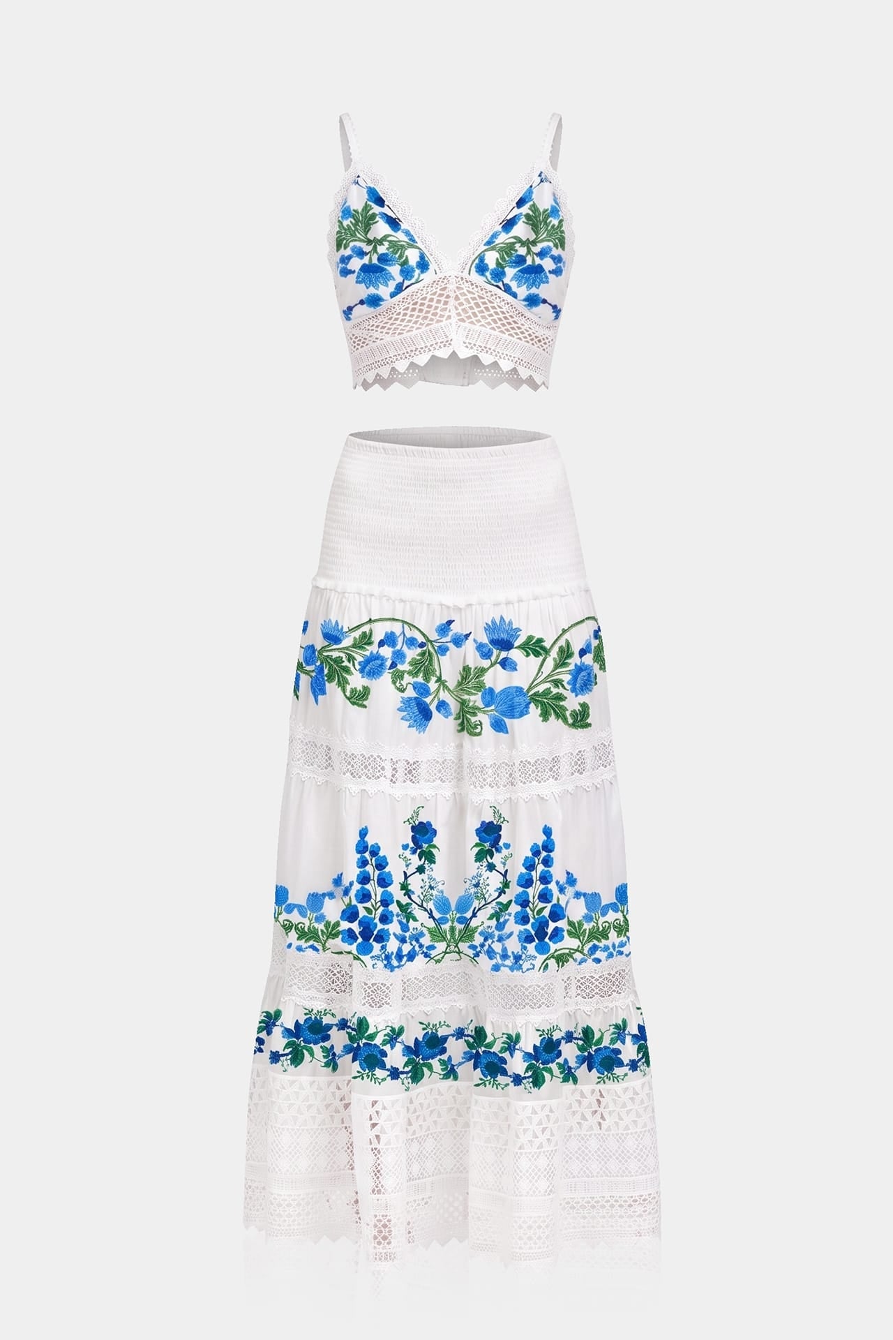 White & Blue Floral Cotton Maxi Skirt with Smocked Waist & Guipure Lace