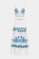 White & Blue Floral Cotton Maxi Skirt with Smocked Waist & Guipure Lace