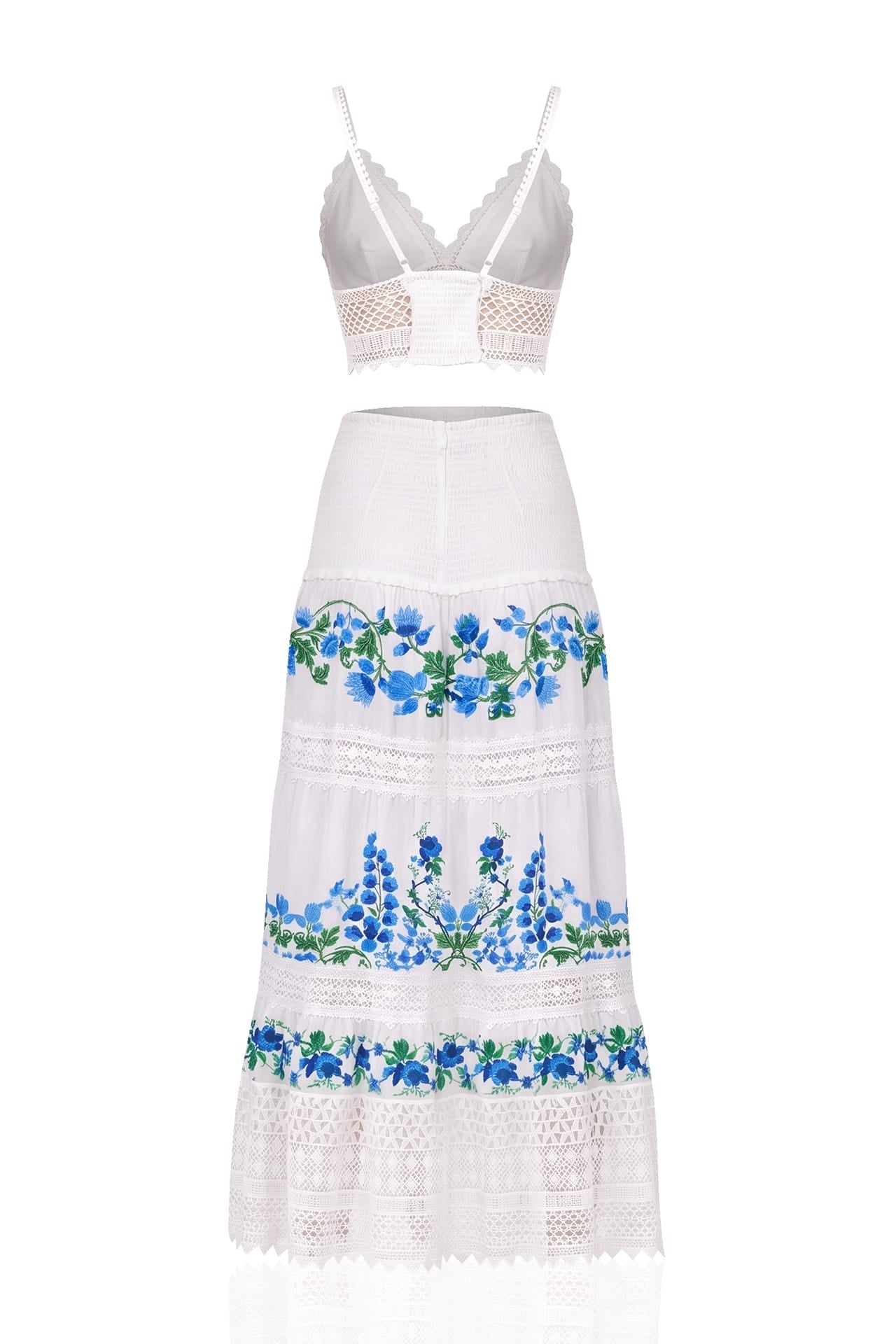 White & Blue Floral Cotton Maxi Skirt with Smocked Waist & Guipure Lace