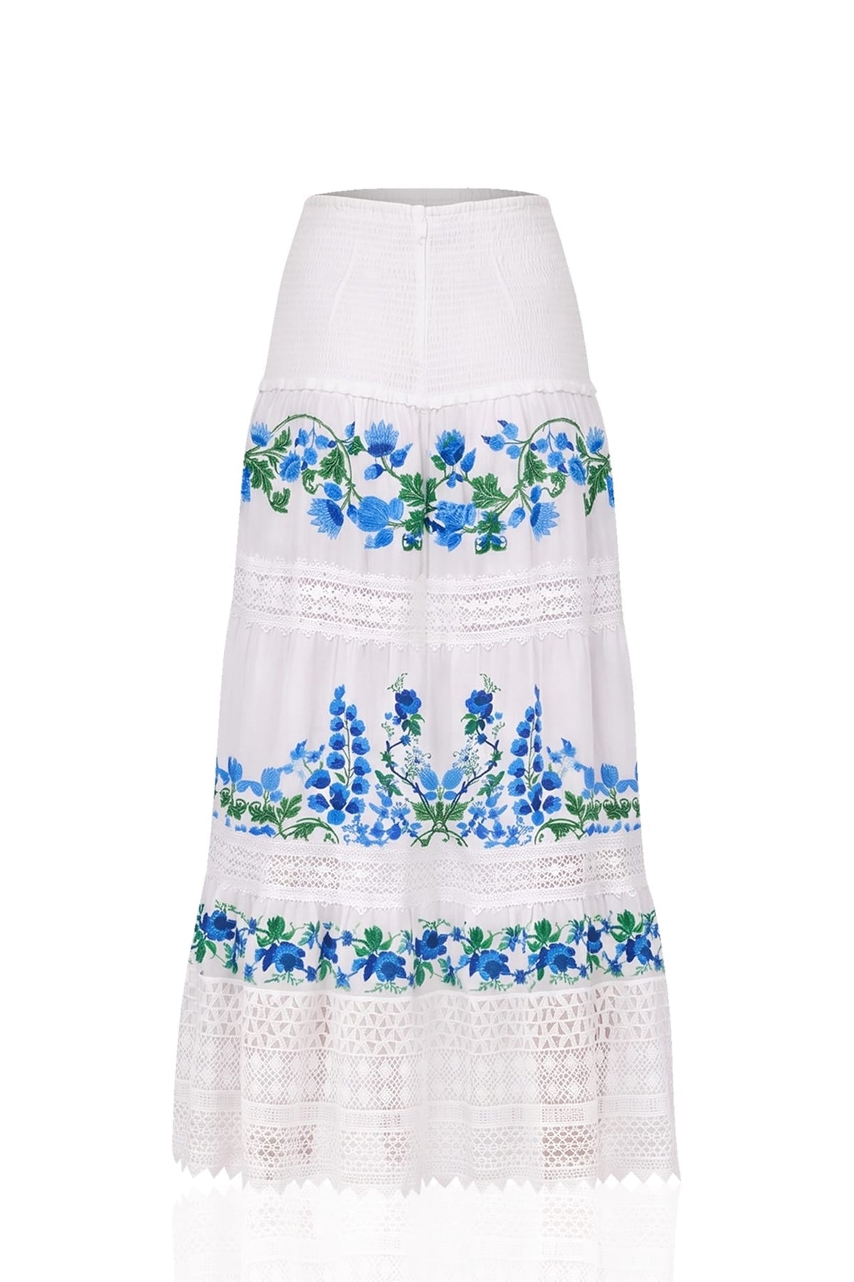 White & Blue Floral Cotton Maxi Skirt with Smocked Waist & Guipure Lace