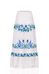White & Blue Floral Cotton Maxi Skirt with Smocked Waist & Guipure Lace