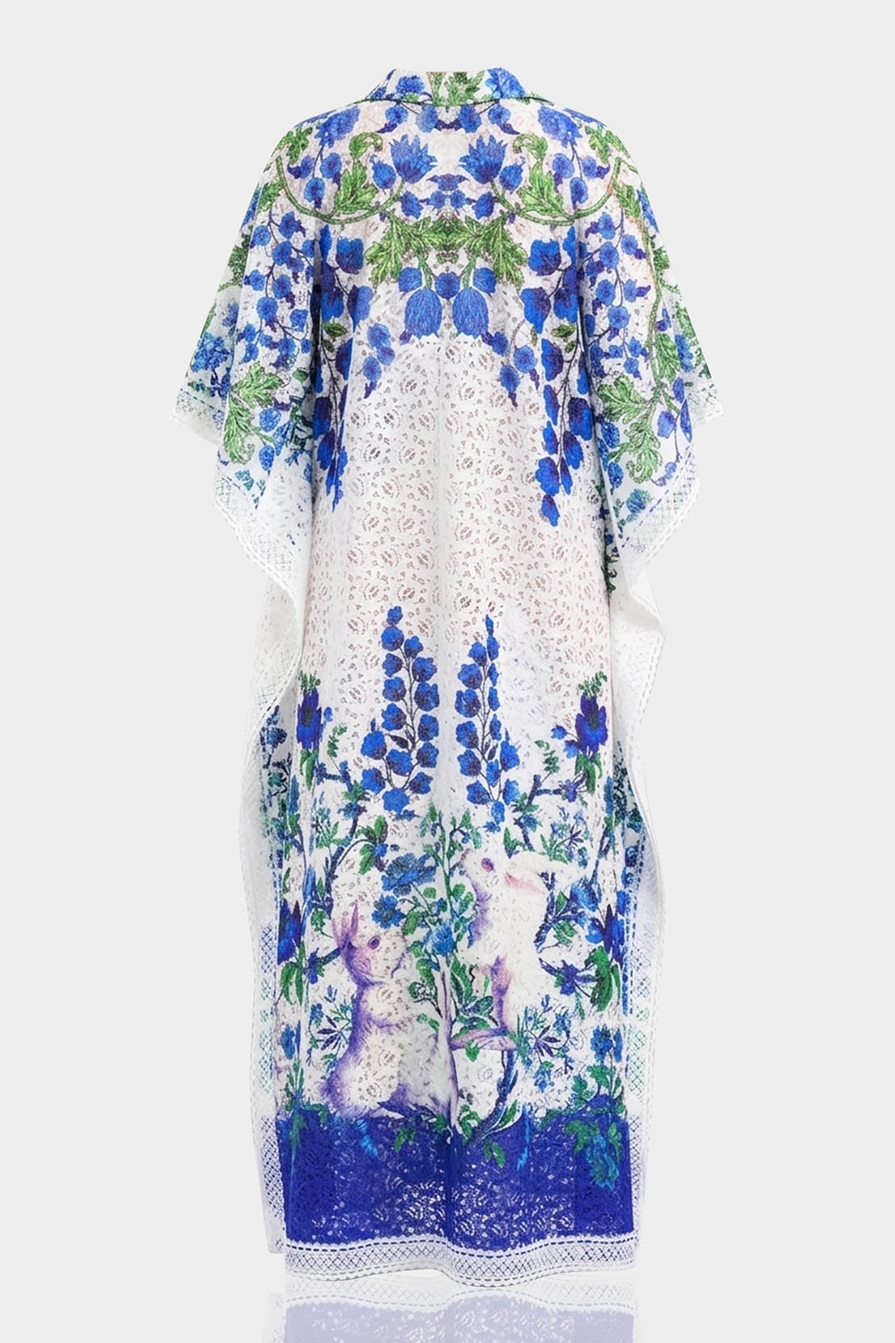 White Lace Kaftan Maxi Dress with Blue floral Print