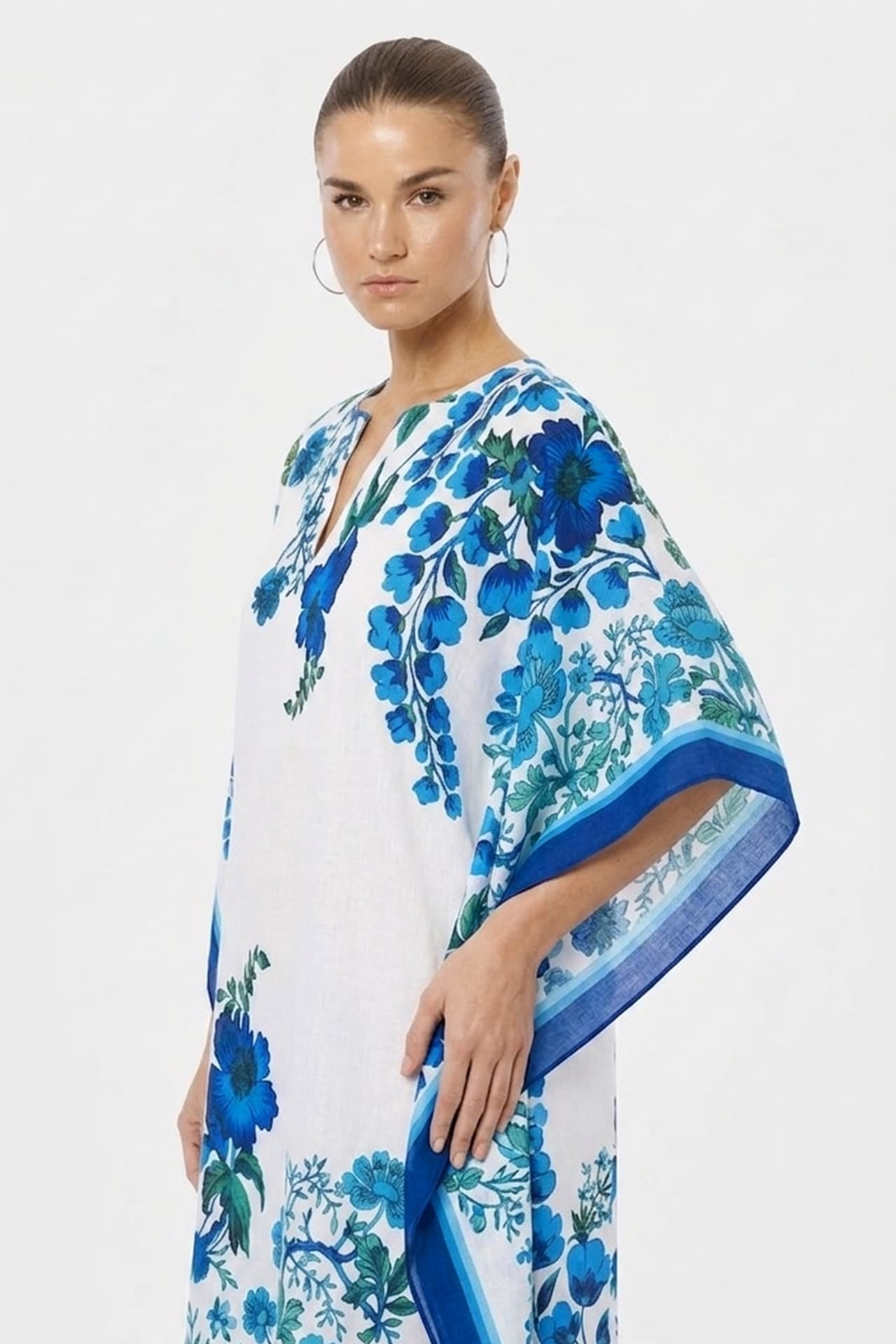 White Botanical Print Kaftan Maxi Dress with Blue Border Detail