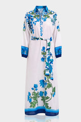 White & Blue Floral Cotton Maxi Shirt Dress with Full Sleeves