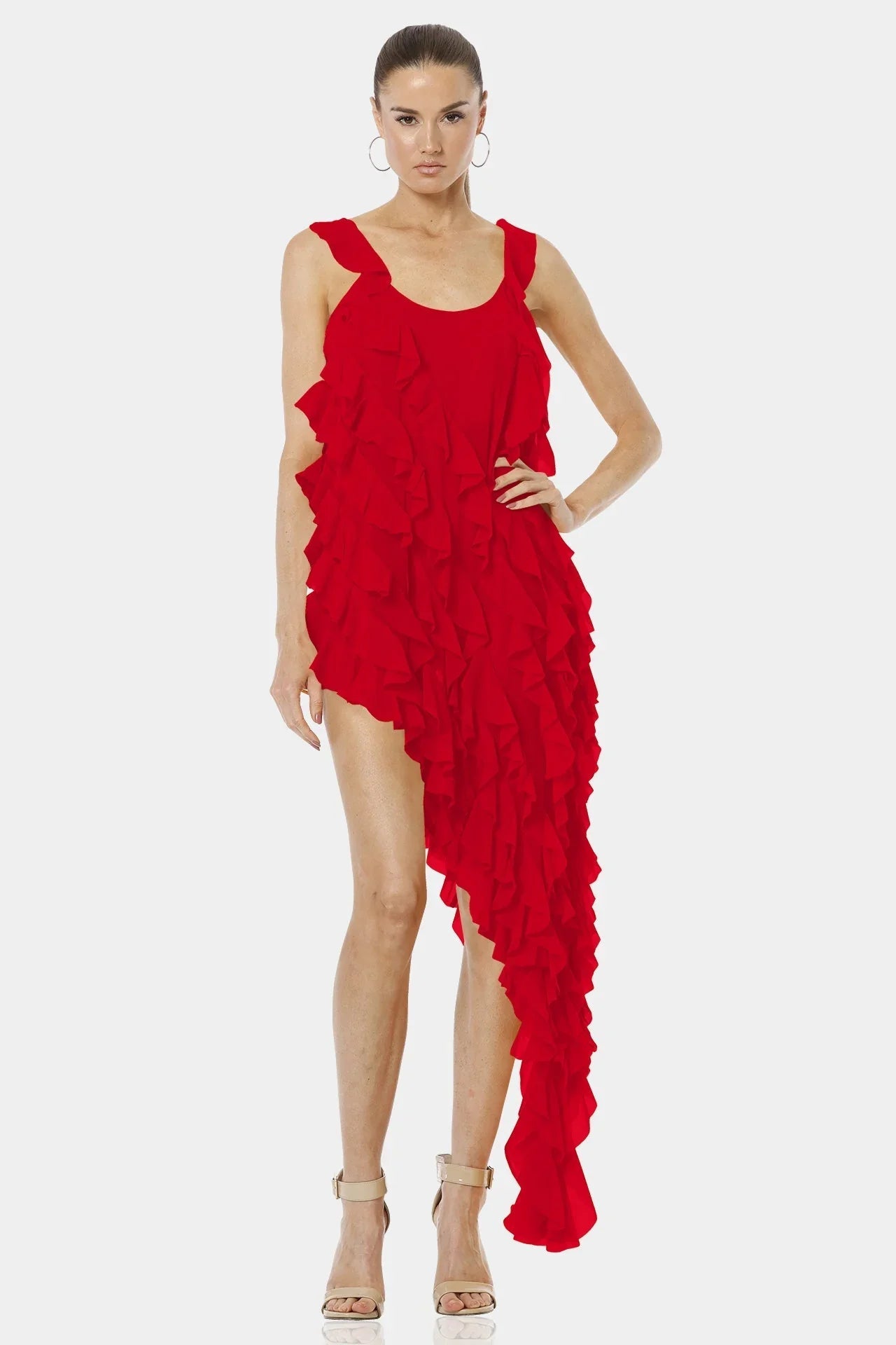 Carmen Flaming Red Sleeveless Dress Long Ruffled Overlay