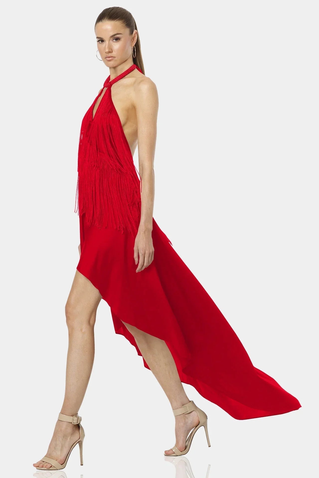 Carmina Fiery Red Backless Dress With Halter Neckline
