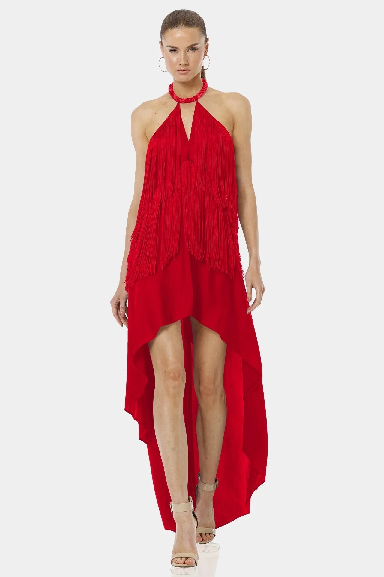 Carmina Fiery Red Backless Dress With Halter Neckline