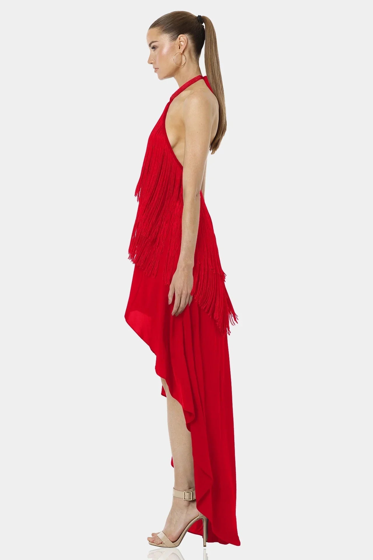 Carmina Fiery Red Backless Dress With Halter Neckline