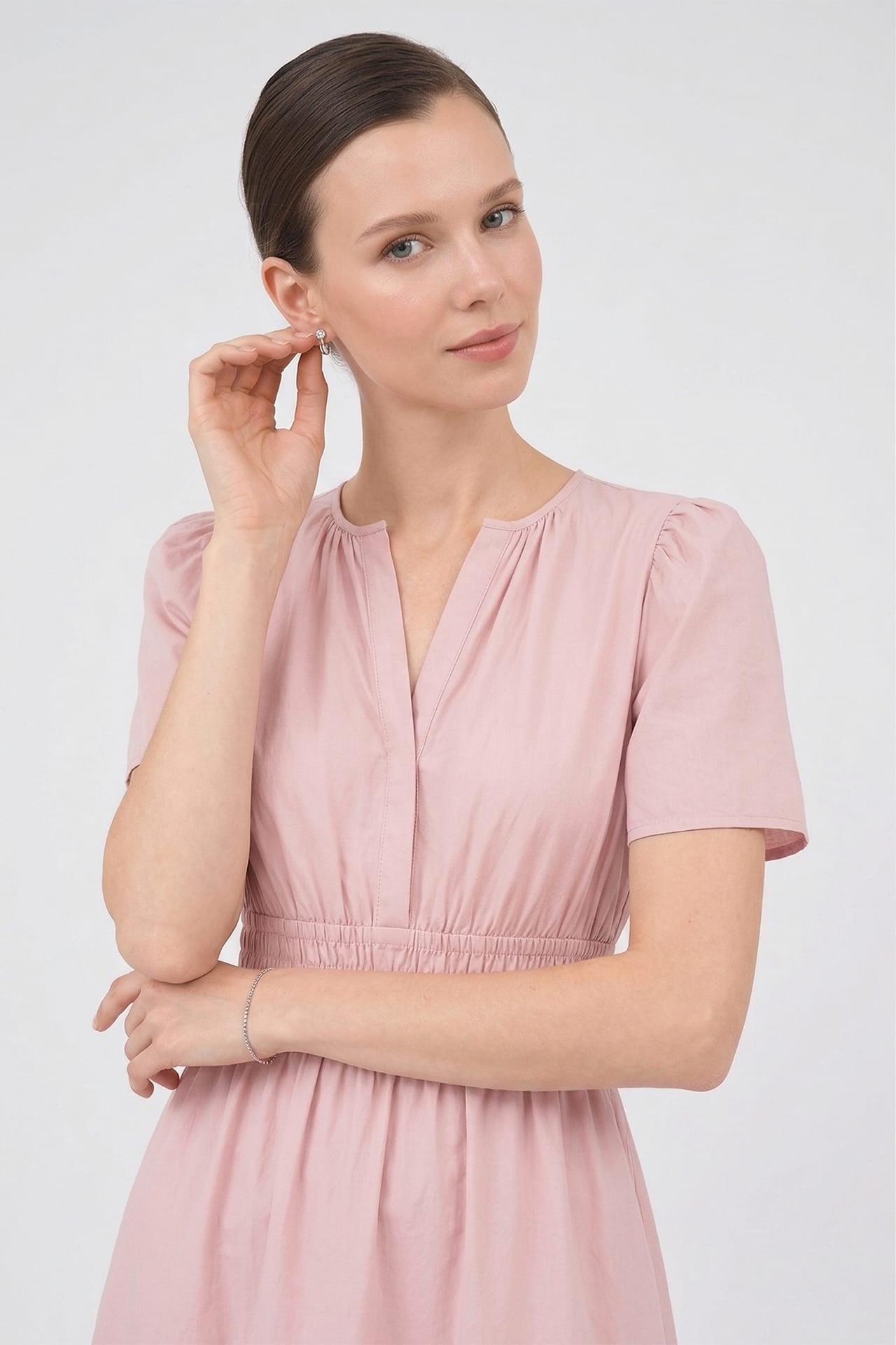 Blush Pink Smocked Waist Midi Day Dress for Women