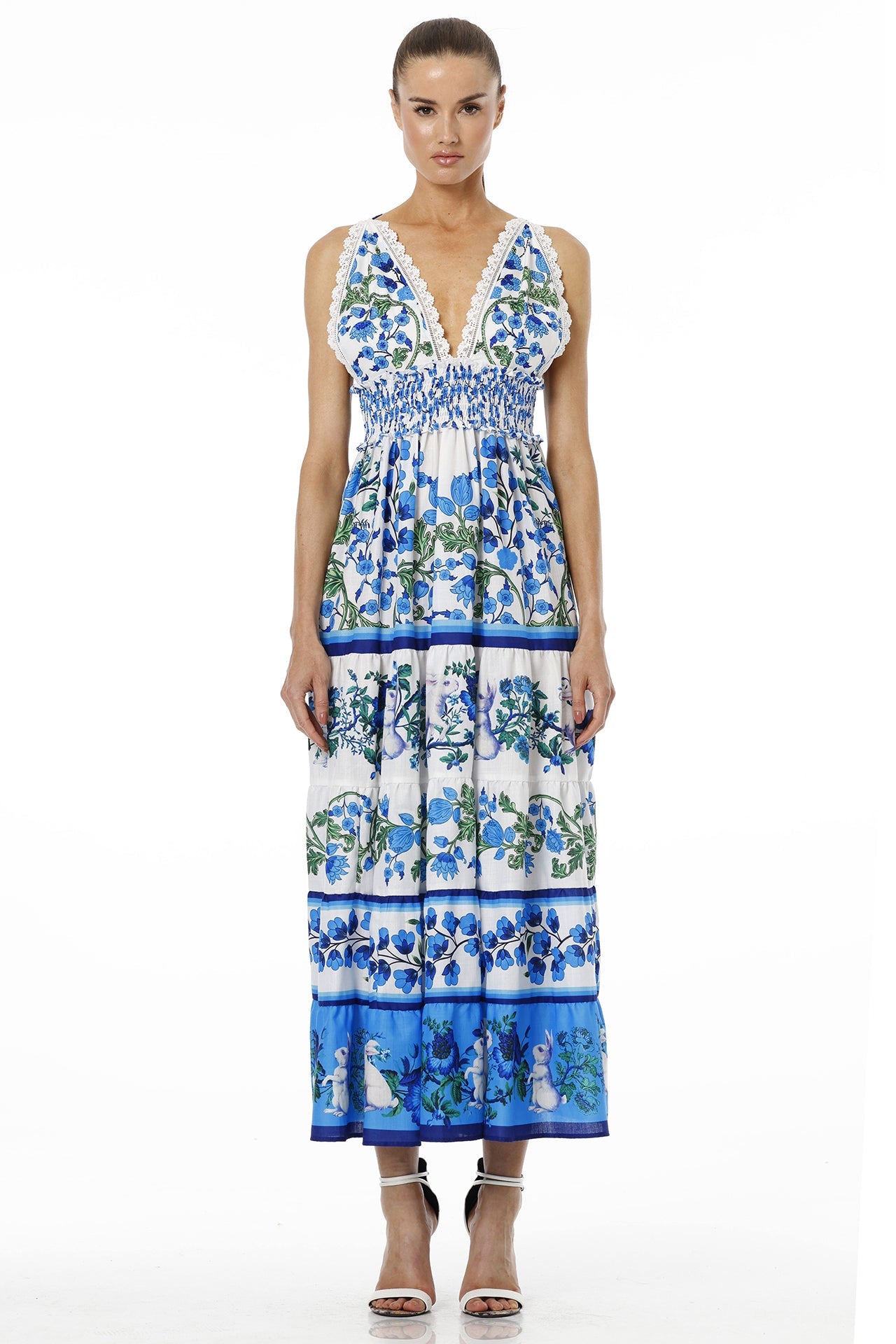 White & Blue Floral Sleeveless Deep Plunge Voile Maxi Dress with Guipure Lace