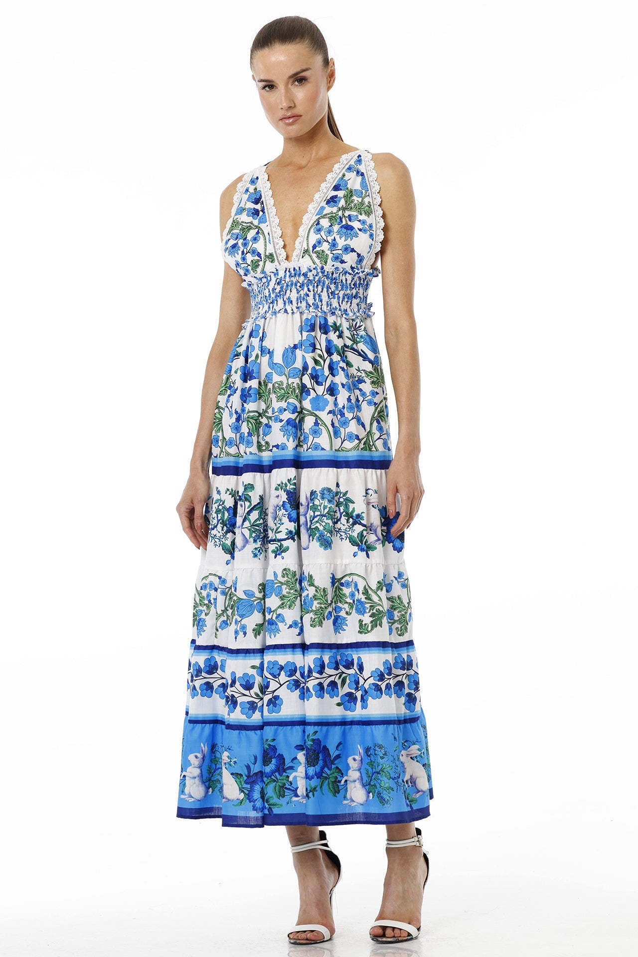 White & Blue Floral Sleeveless Deep Plunge Voile Maxi Dress with Guipure Lace