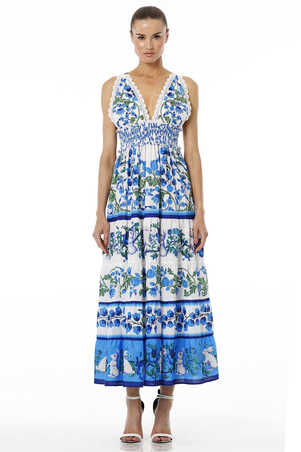 White & Blue Floral Sleeveless Deep Plunge Voile Maxi Dress with Guipure Lace