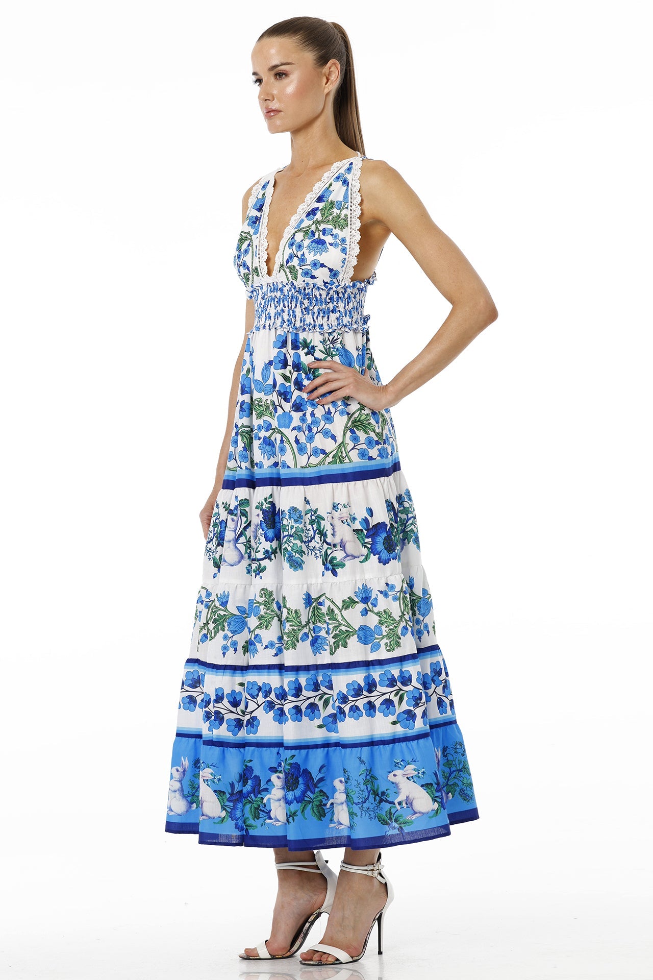 White & Blue Floral Sleeveless Deep Plunge Voile Maxi Dress with Guipure Lace