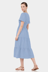 Steel Blue Tiered Midi Dress with Elastic Waist – Resort Wear Midi Dress