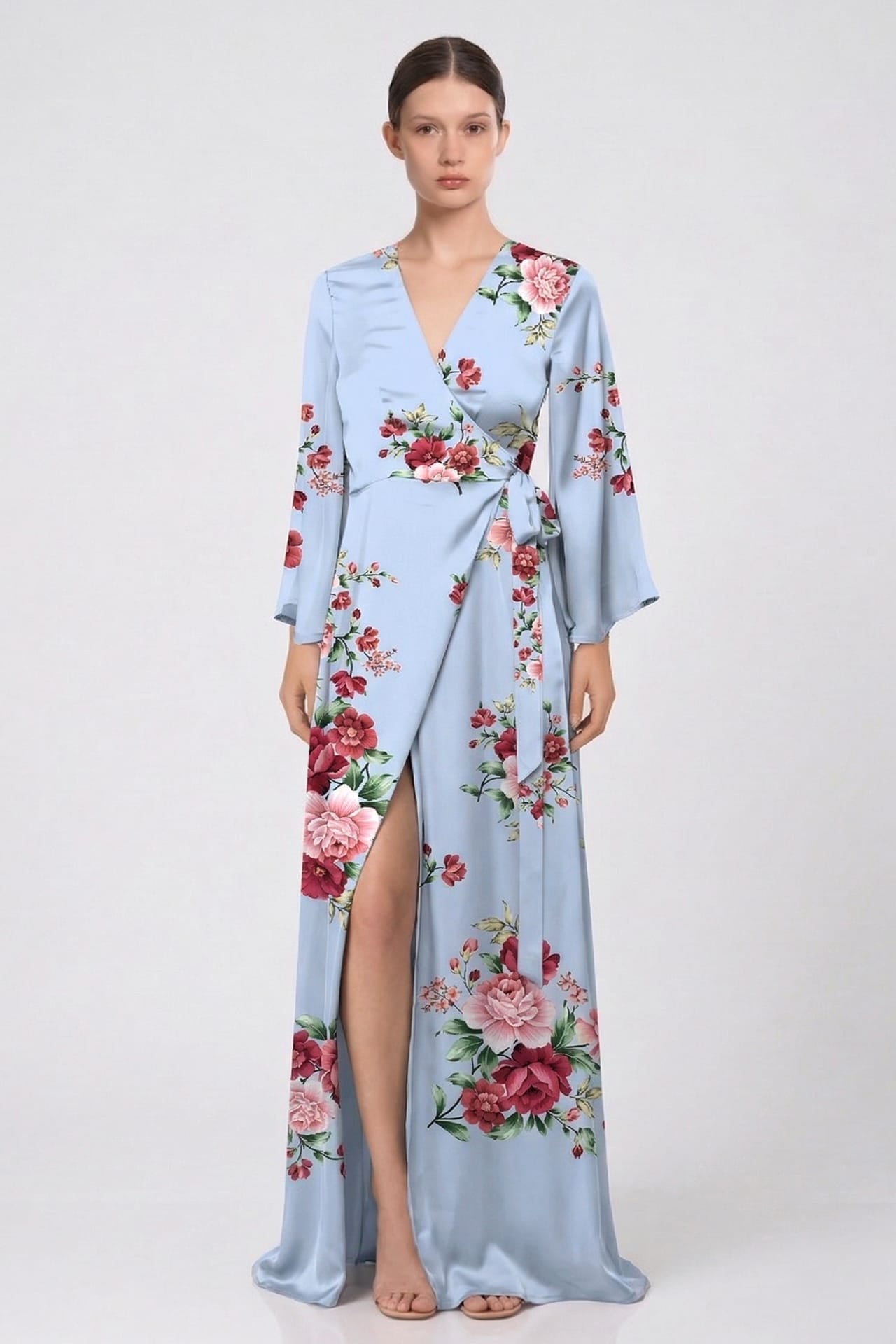 Powder Blue Floral Satin V-Neck Wrap Maxi Dress for Garden Parties