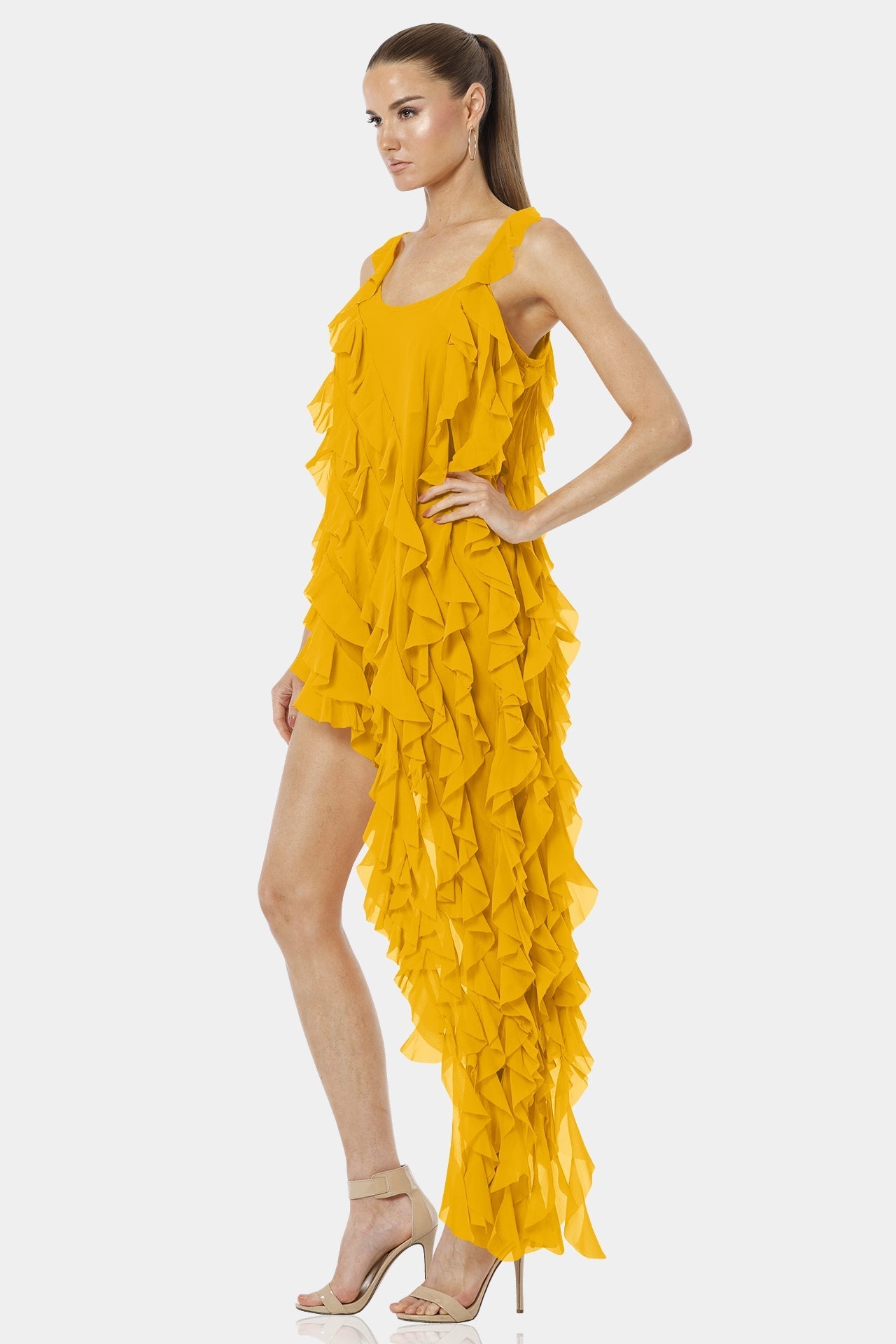 Carmen Mustard Yellow Viscose Silk Chiffon Dress