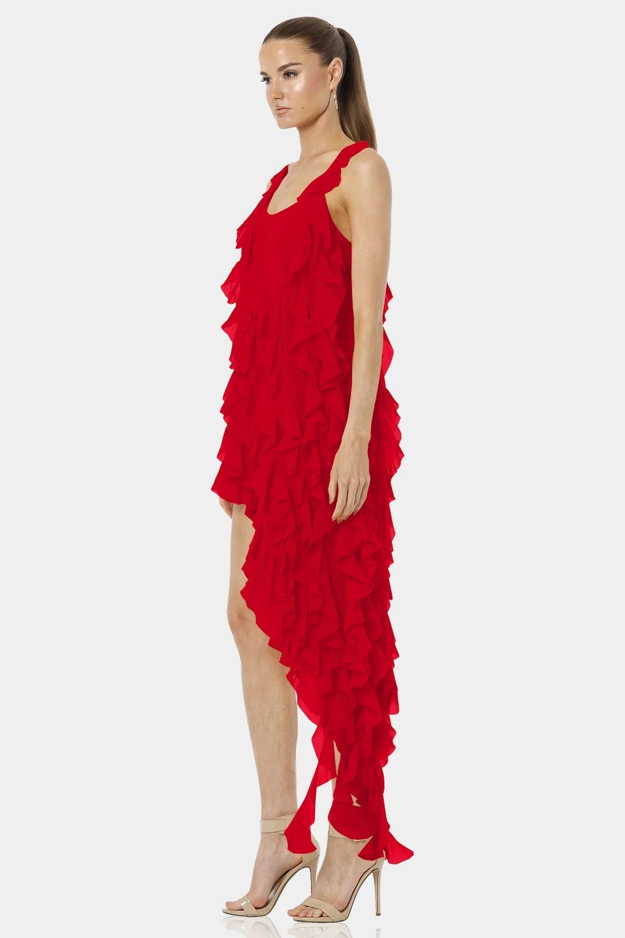 Carmen Flaming Red Sleeveless Dress Long Ruffled Overlay