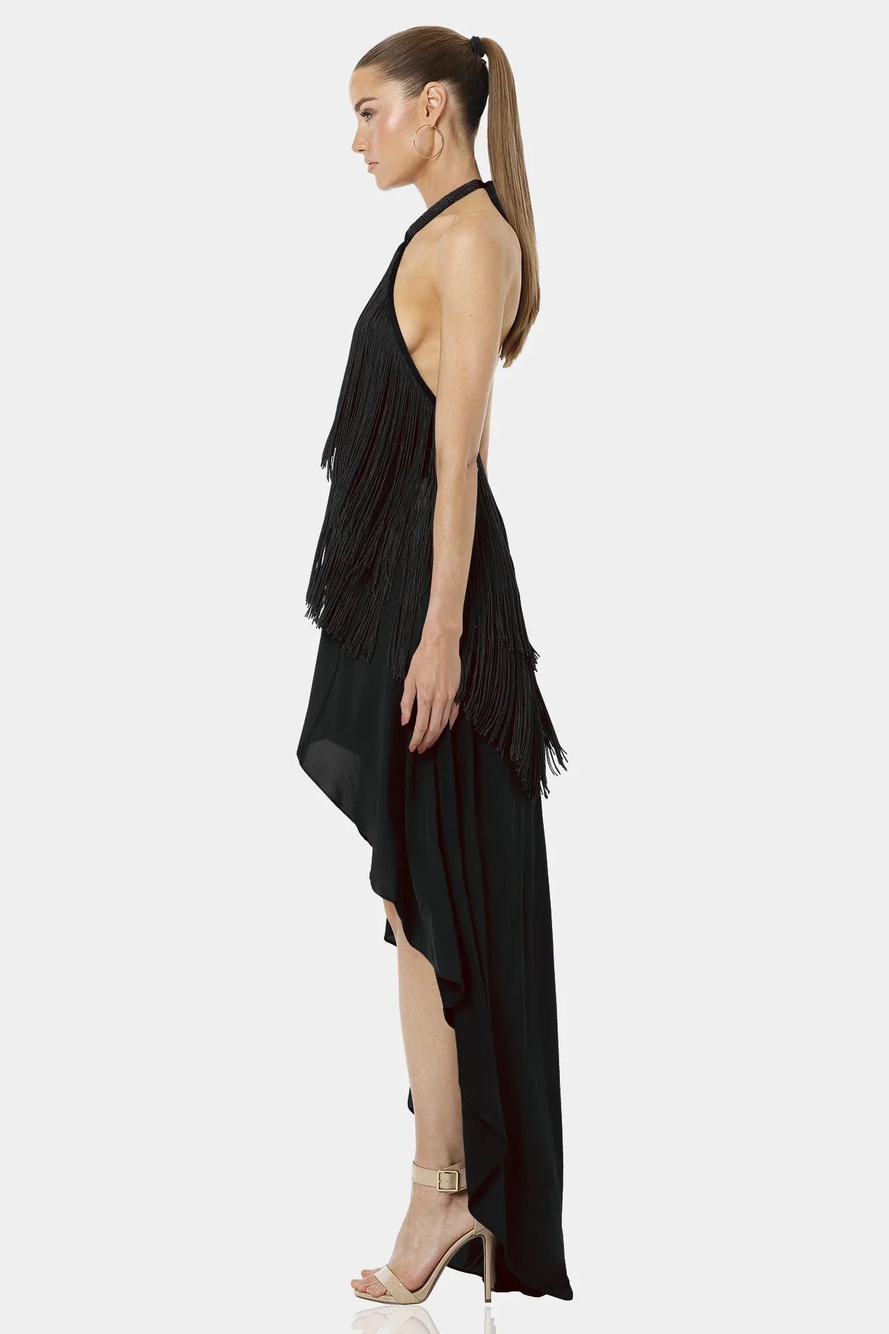 Carmina High Low Fringe Black Halter Maxi Dress