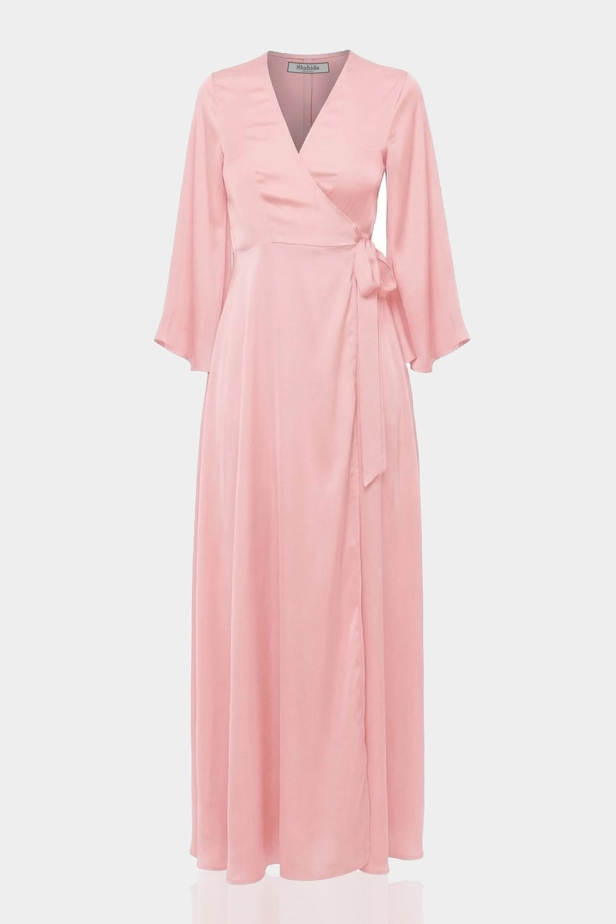 Blush Pink Satin Wrap Bridesmaid Maxi Dress with Slit – Long Sleeve