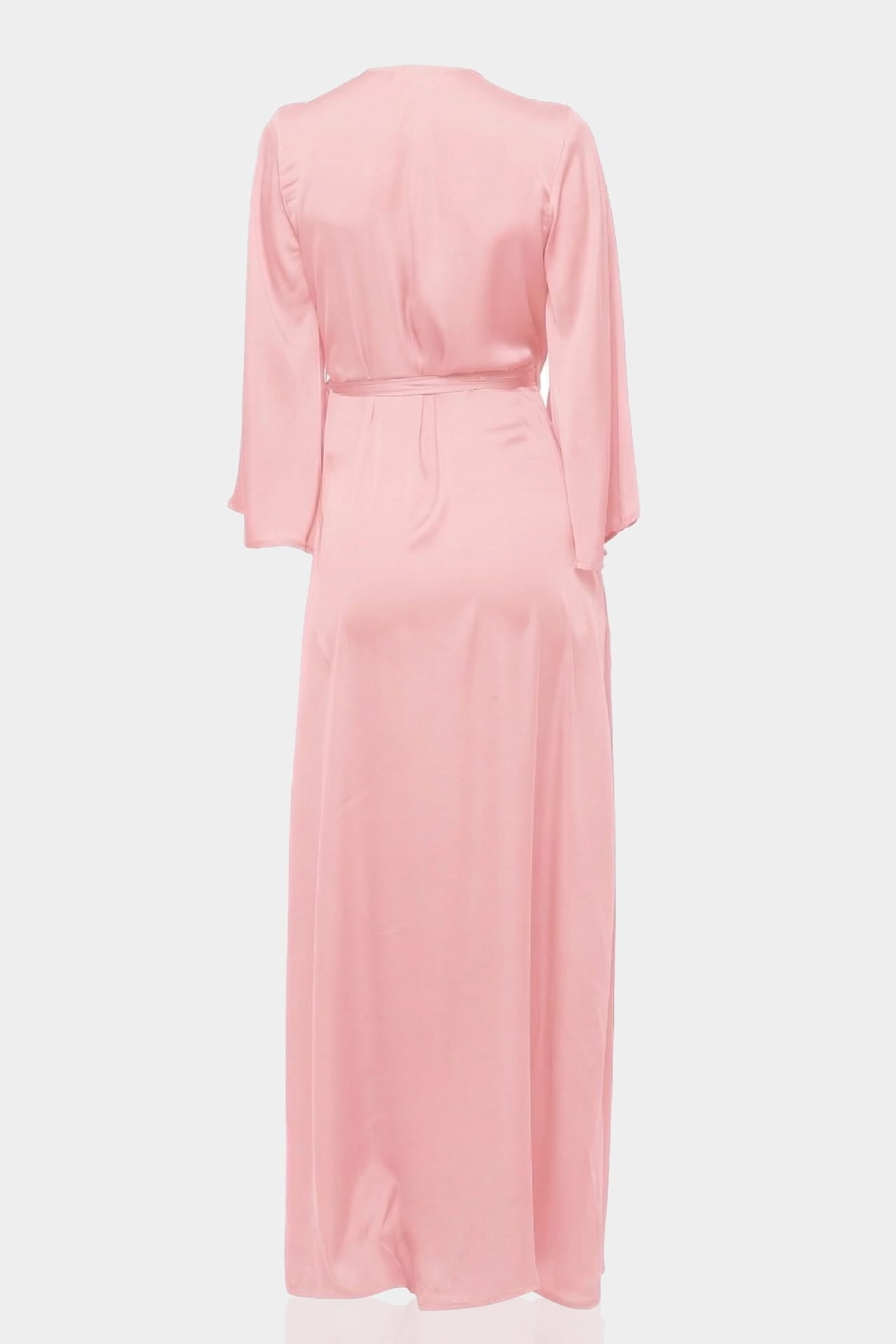Blush Pink Satin Wrap Bridesmaid Maxi Dress with Slit – Long Sleeve