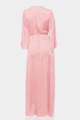 Blush Pink Satin Wrap Bridesmaid Maxi Dress with Slit – Long Sleeve