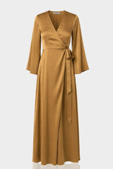 Champagne Beige Satin Wrap Maxi Bridesmaid Dress – Long Sleeve Wedding Gown