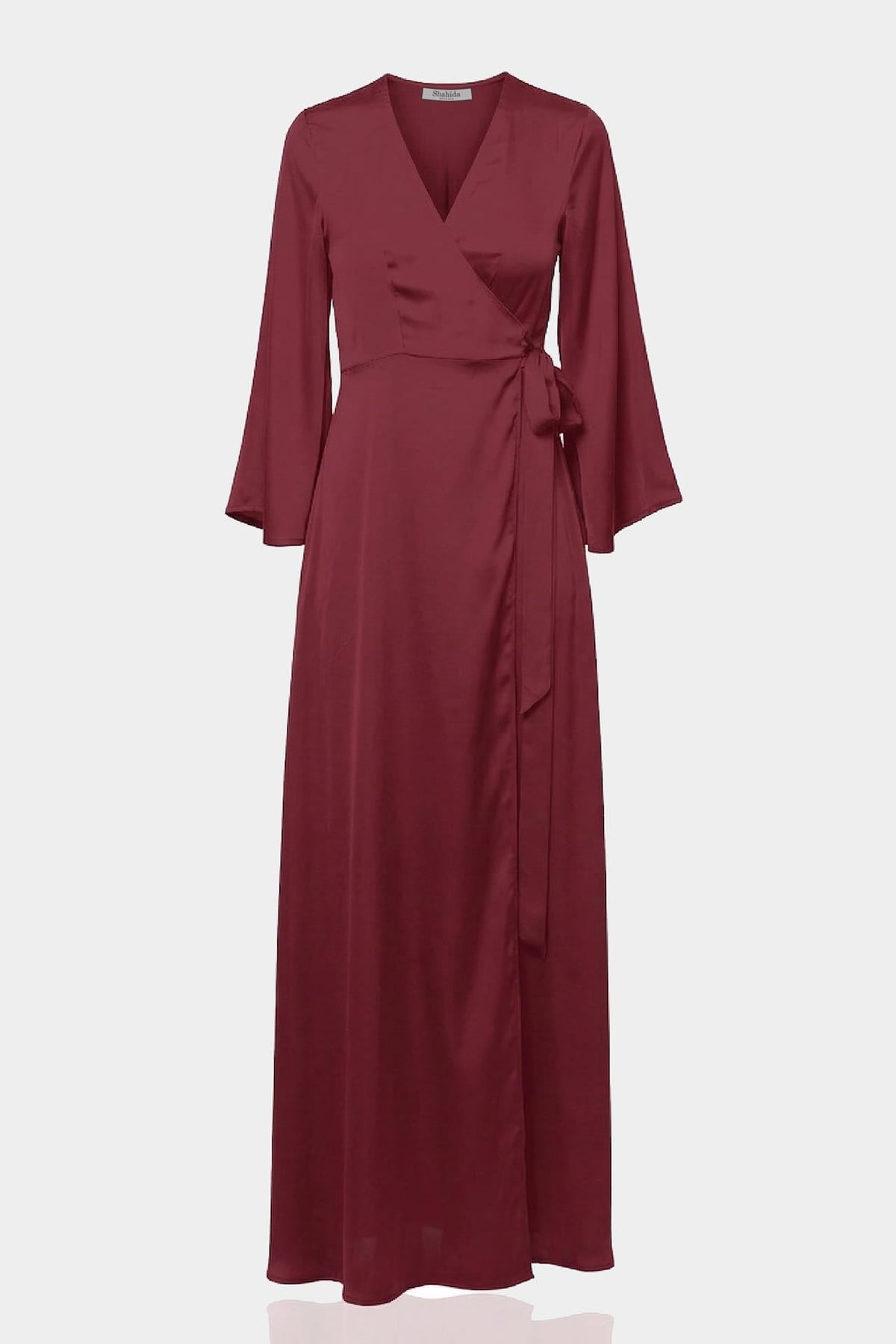 Burgundy Satin Wrap Maxi Bridesmaid Dress – Elegant Wine Red Formal Evening Gown
