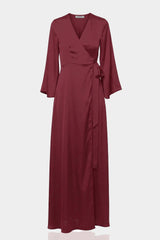 Burgundy Satin Wrap Maxi Bridesmaid Dress – Elegant Wine Red Formal Evening Gown
