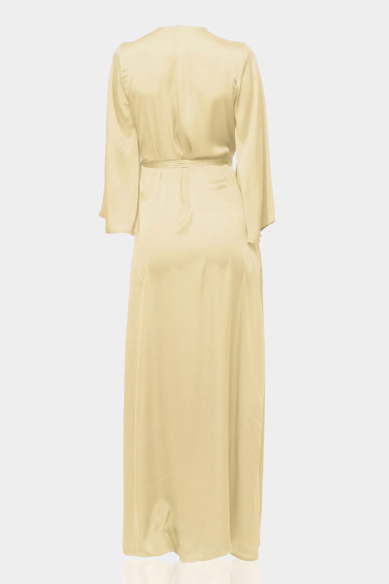 Champagne Satin Wrap Bridesmaid Maxi Dress with Slit – Long Sleeve
