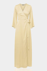Champagne Satin Wrap Bridesmaid Maxi Dress with Slit – Long Sleeve