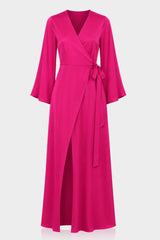 Candy Pink Wrap Maxi Dress with High Slit for Bridesmaid