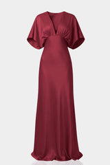Burgundy Shasi Deep-V Flutter-Sleeve Satin A-Line Gown- Bridesmaid Dress