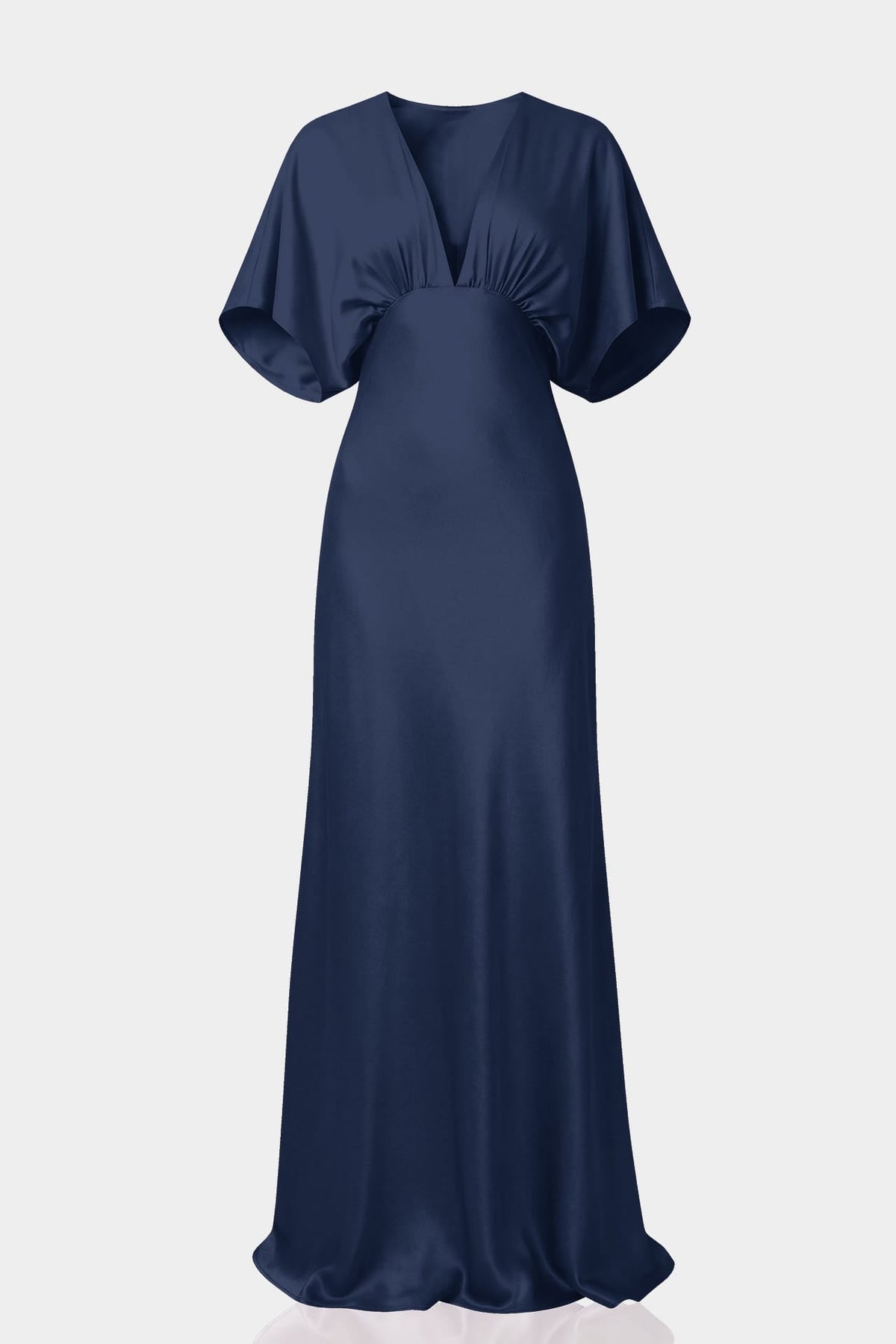 Chamelia Midnight Navy Deep-V Flutter-Sleeve Satin A-Line Bridesmaid Gown