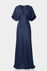 Chamelia Midnight Navy Deep-V Flutter-Sleeve Satin A-Line Bridesmaid Gown