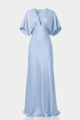Powder Blue Deep V Neck Flutter Sleeve Satin Maxi Bridesmaid Gown