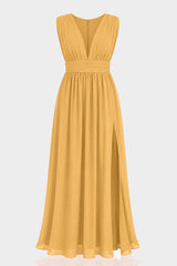 Butterscotch Heaven V-Neck Bridesmaid Dress – Elegant Maxi Gown