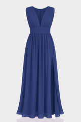Dark Navy V-Neck Bridesmaid Dress – Elegant Formal Maxi Gown