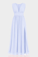 Chiffon Ice Blue V-Neck Bridesmaid Dress – Elegant Maxi Gown