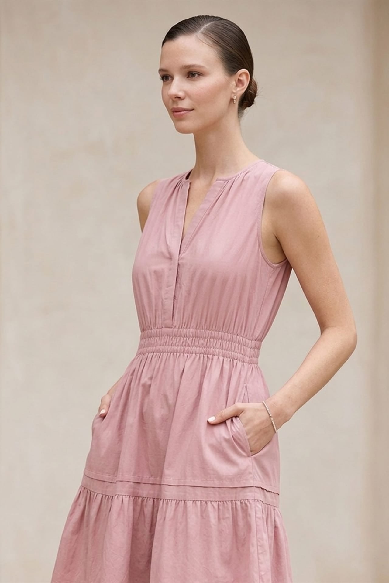 Blush Pink Luxury Sleeveless Cotton Poplin Midi Dress