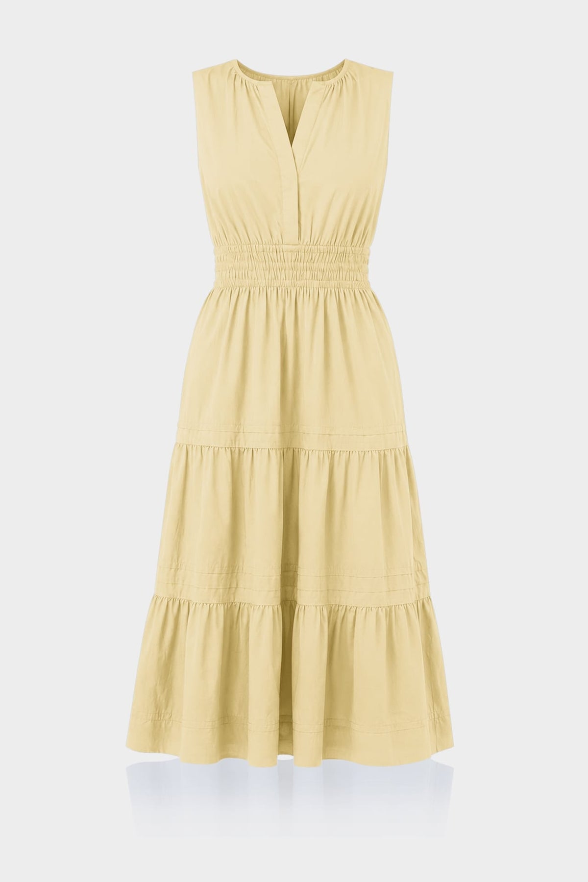 Champagne Sleeveless Cotton Poplin Midi Dress – Smocked Waist Work Dress